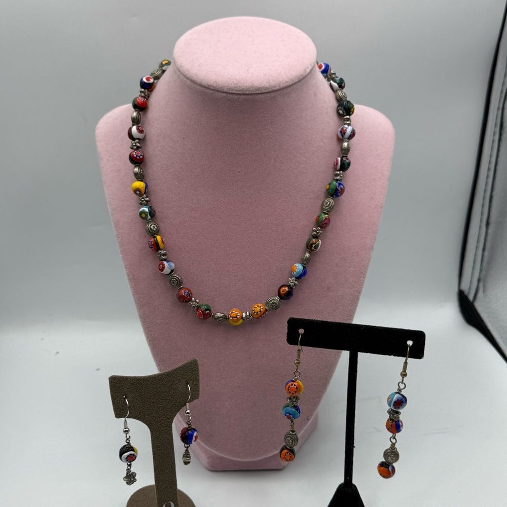 Colorful Beaded Murano glass Necklace and Earring Set